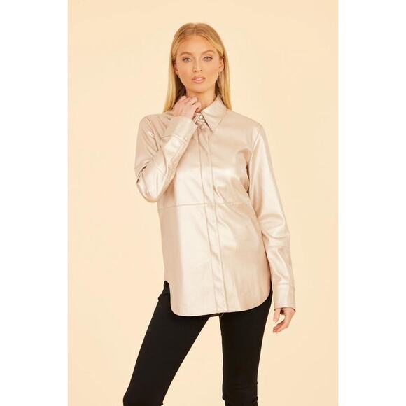 Dolce Cabo Vegan Leather Button Up Shirt 75064 Pale Metallic Gold Medium M NEW - Picture 2 of 5